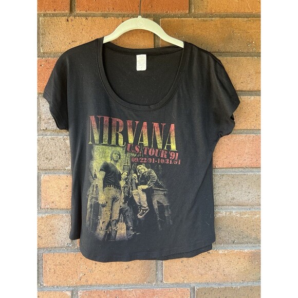 Nirvana 1991 Tour Shirt Womens Small Scoop Neck Cropped Original US Tour - Picture 1 of 9